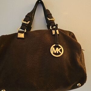 Michael Kors Brown Suede Leather Python Embrossed Handbag